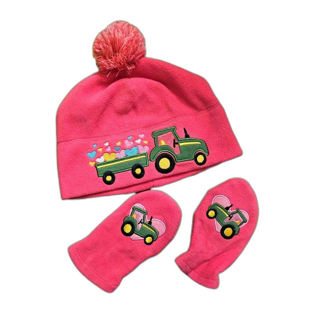 JOHN DEERE Tractor Hearts Pink Fleece Hat Beanie & Gloves Set Toddler One Size